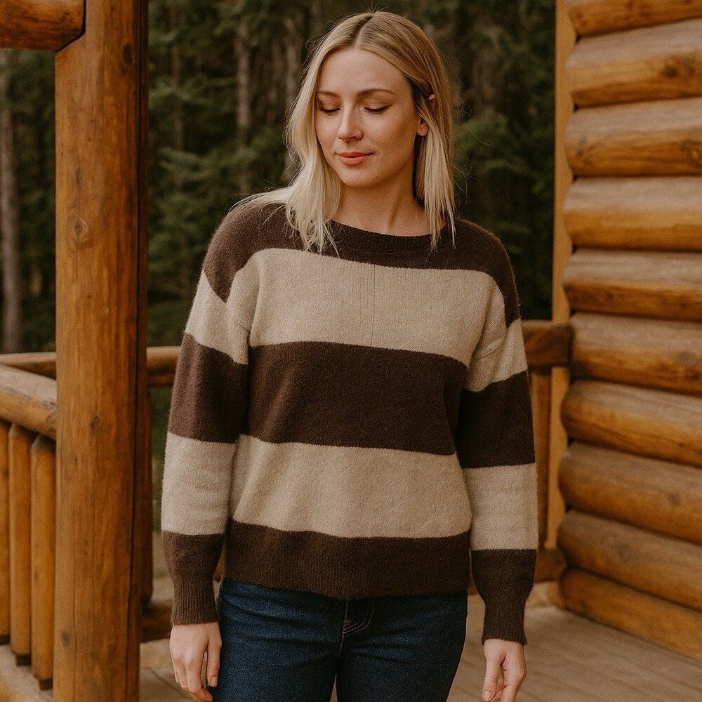 Pure Amici 100%‎ Cashmere Brown and Tan Stripe Crewneck Cozy Cabin Holiday XS